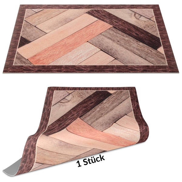 Rechteckige Bodenmatte mit Holzoptik und Parkettmuster, flexible Schmutzfangmatte, ein Stück.