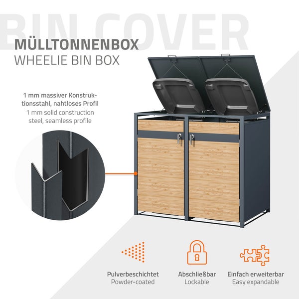 ML-Design Mülltonnenbox 2er 2 Tonnen 240L 132x80x116,3cm Anthrazit-Lärchenoptik Stahl, wetterfest/abschließbar Mülltonnenverkleidung Klappdeckel/2 Türen, Müllbox Mülltonnecontainer Mülltonnenabdeckung
