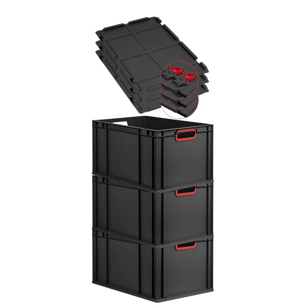 PROREGAL SuperSparSet 3x Eurobox NextGen Color mit Scharnierdeckel und Schiebeschnappverschlüssen, HxBxT 32x40x60cm, 65 Liter, Schwarz, Griffe rot offen, Verstärkter Boden, Eurobehälter, Transportbox, Transportbehälter, Stapelbehälter