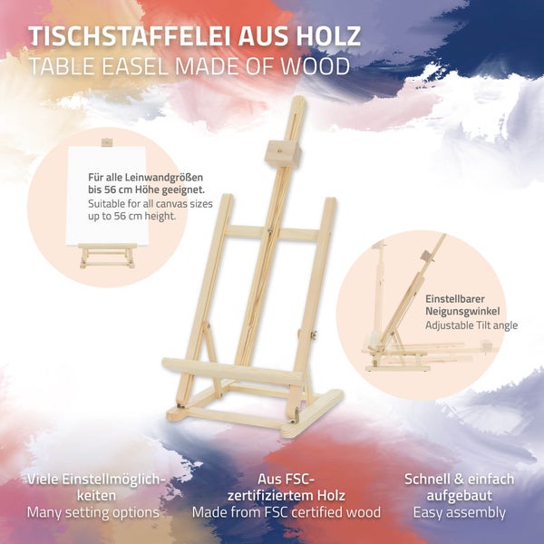 ECD Germany Tischstaffelei klappbar mit H-Rahmen, verstellbare Sitzstaffelei aus Buchenholz, Art Staffelei zum Malen für Leinwänden & Keilrahmen bis 56cm, Tragbare Holzstaffelei für Kinder & Künstler