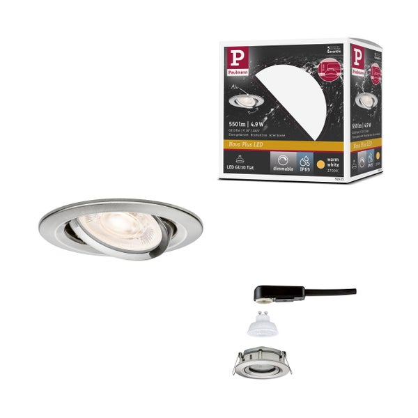Paulmann Nova Plus LED Einbaustrahler Set Eisen gebürstet inklusive GU10 flat Leuchtmittel dimmbar IP65 550 Lumen warmweiß 2700 Kelvin