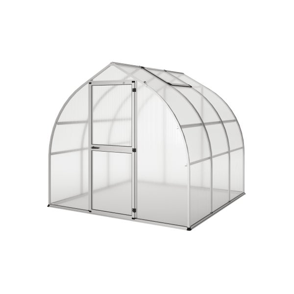 Gewächshaus mit Aluminiumrahmen und Polycarbonat-Hohlkammerplatten, Gothic-Form, inklusive Tür und Dachfenster.