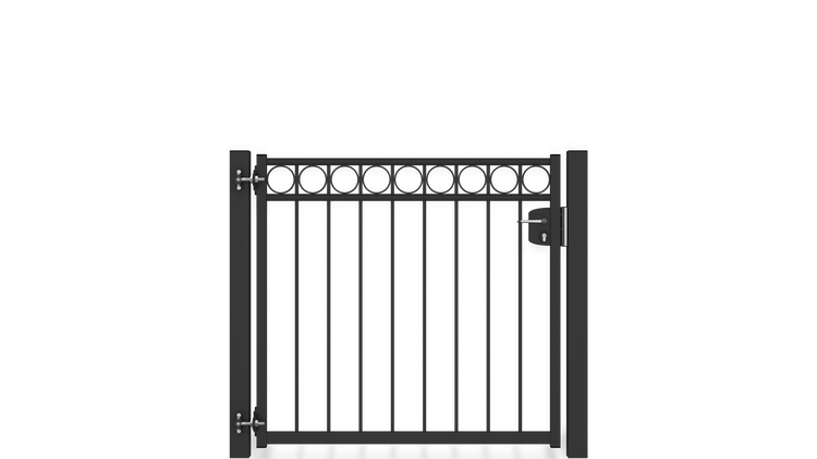 Gartentor ZAUNGURU BASIC-Linie Oldenburg Kreis aus Metall, Höhe: 123cm, Breite: 150cm, 1-flügelig inkl. Pfosten, Schloss und Zubehör, Feuerverzinkt und in RAL 7016 Anthrazitgrau pulverbeschichtet