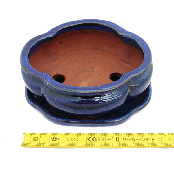 Bonsai-Schale mit Unterteller Gr. 2 - Blau - haitang/oval - Modell I3 - L 15cm - B 12cm - H 6cm