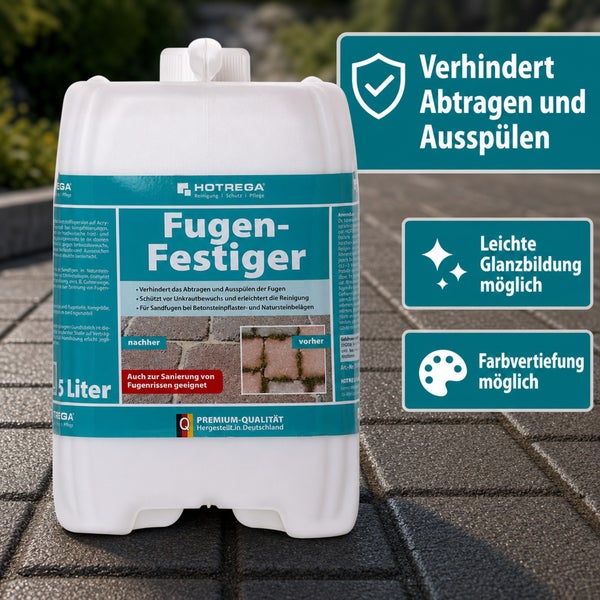 Kanister Hotrega Fugenfestiger 5 Liter zur Stabilisierung von Pflasterfugen und zum Schutz vor Unkrautwuchs auf Beton- und Natursteinpflaster.