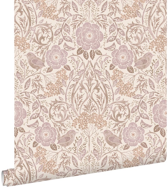 ESTAhome Tapete Blumen und Vögel Sandbeige und Violett - 0.53 x 10.05 m - 139829