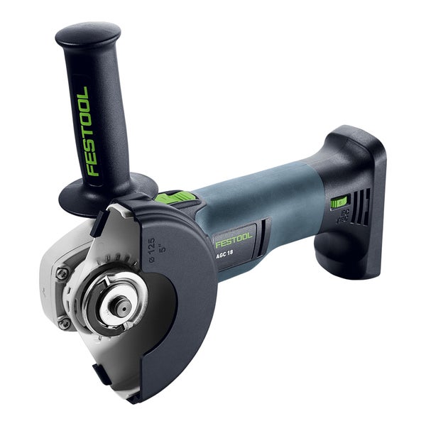 Festool Akku-Winkelschleifer AGC 18 mit einem Scheibendurchmesser von 125 Millimeter und Zusatzhandgriff.