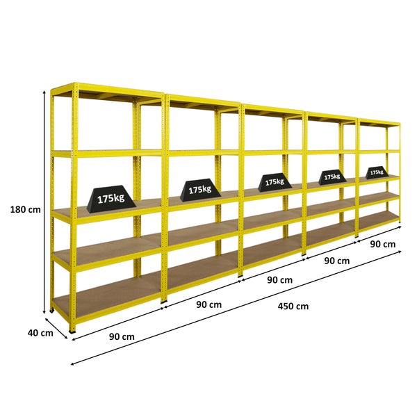 BERLINLODGE Mega Deal 5x Wohnregal YELLOW BEE, HxBxT 180x90x40cm, Fachlast 175kg, 5 Ebenen, Gelb, Bücherregal, Standregal, Büroregal