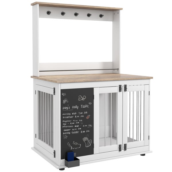 PawHut Hundekäfig für Zuhause, Hundehaus mit Haken, 3 Türen, Hundebox mit Aufbewahrungsregal für Spielzeug, Radiergummi, Schreibtafel, für große Hunde, Weiß