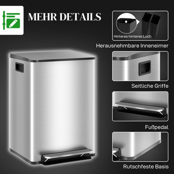 Tretabfalleimer aus Edelstahl mit herausnehmbaren Inneneimern, seitlichen Griffen, Fußpedal und rutschfester Basis.
