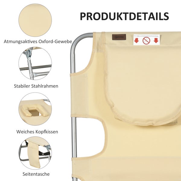 Produktdetails Sonnenliege: atmungsaktives Oxford-Gewebe, stabiler Stahlrahmen, weiches Kopfkissen mit Gesichtsöffnung, Seitentasche, Outsunny Logo.