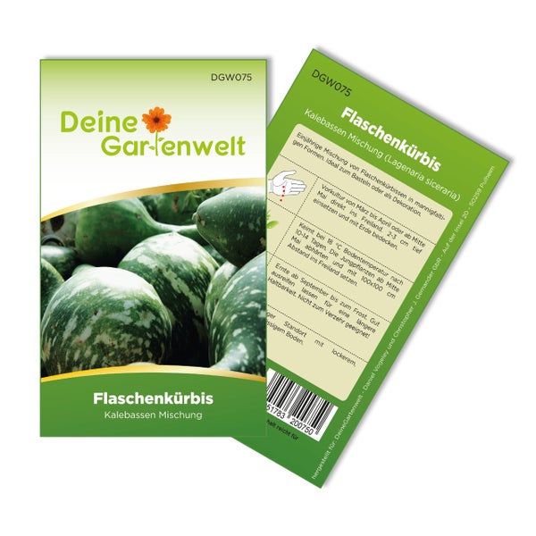 Samentüte für Flaschenkürbis Kalebassen Mischung mit Deine Gartenwelt Logo, Abbildung gemusterter Früchte und Anbauhinweisen auf der Rückseite.