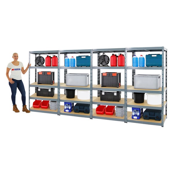 PROREGAL Mega Deal 4x Schwerlastregal Tiger HxBxT 180 x 90 x 60 cm Fachlast 265 kg 5-Ebenen Grau