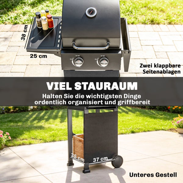 Gasgrill mit Abmessungen der klappbaren Seitenablagen 38 mal 25 Zentimeter und dem unteren Gestell 35 mal 37 Zentimeter sowie Deckelthermometer.