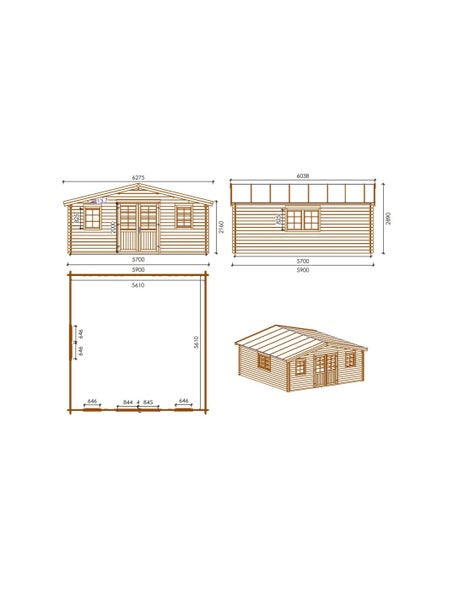 Technische Zeichnung eines Gartenhauses aus Holz mit Maßen für Grundriss, Vorderansicht, Seitenansicht und einer dreidimensionalen Darstellung.