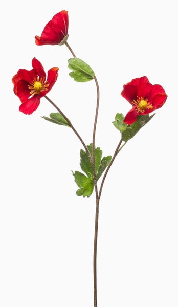 Künstlicher Blumenzweig mit drei roten Blüten, gelben Blütenmitten und grünen Blättern.