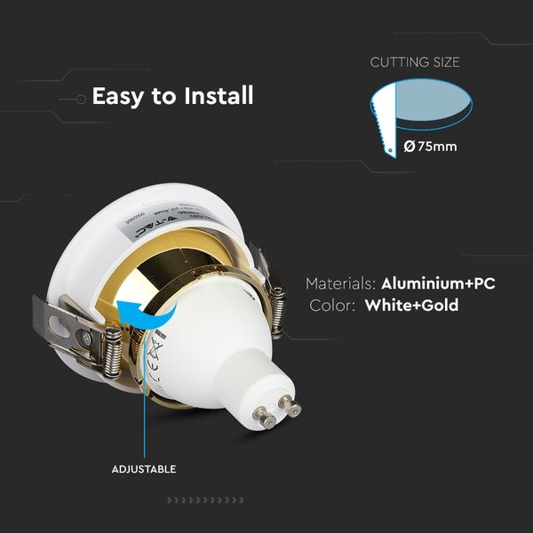 Schwenkbarer Einbaustrahler aus Aluminium und Kunststoff in Weiß und Gold, Montagedurchmesser 75 Millimeter.