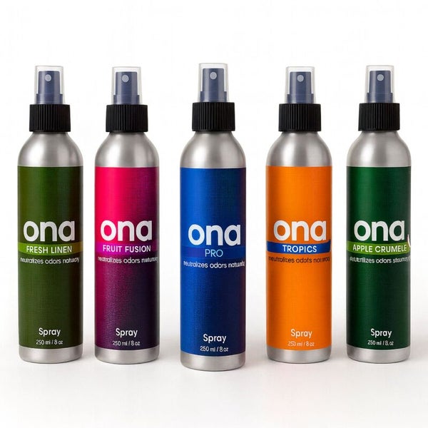 Fünf Ona Sprays zur Geruchsneutralisierung mit verschiedenen Duftrichtungen in silberfarbenen Flaschen.