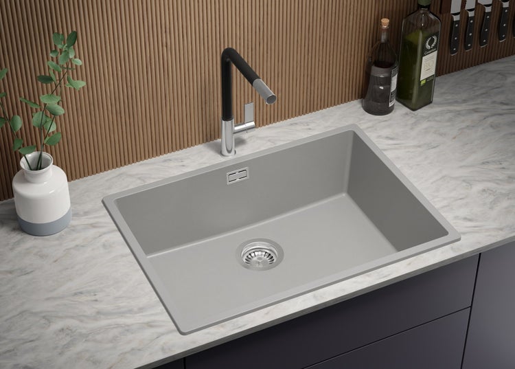 PRIMAGRAN Spülbecken Grau 66x47cm, Granitspüle 1 Becken + Ablauf-Set, Küchenspüle ab 70er Unterschrank - London Slim