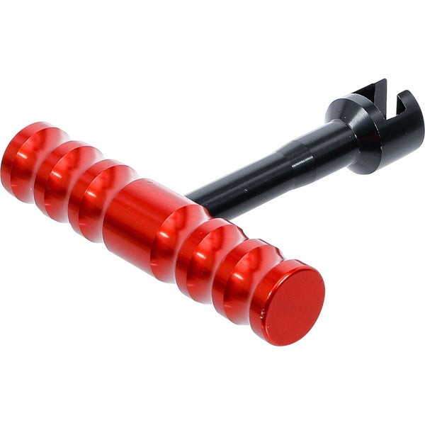 Ein roter T-Griff mit schwarzer Gabel