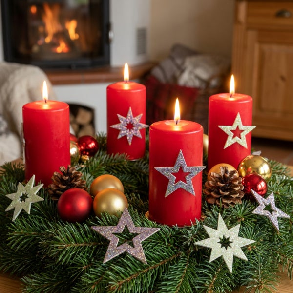 Weihnachtlicher Adventskranz aus Tannengrün mit vier brennenden Stumpenkerzen, geschmückt mit Sternen, Zapfen und Weihnachtskugeln vor einem Kamin.
