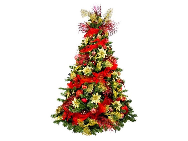 Künstlicher Weihnachtsbaum festlich dekoriert mit Schmuck in weihnachtlichen Farben für eine festliche Atmosphäre.
