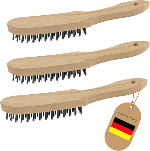 Set aus 3 Drahtbürsten mit Holzgriff, hergestellt in Deutschland.