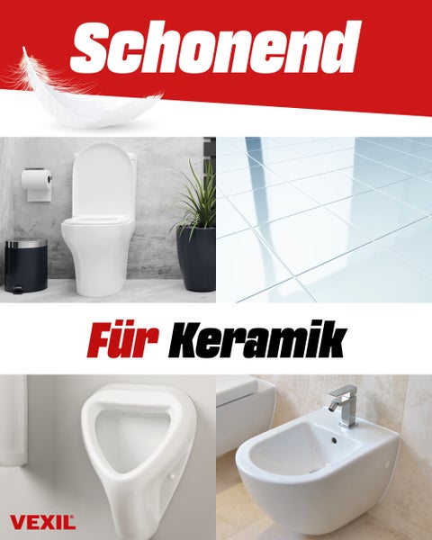VEXIL Reinigungsmittel für Keramikoberflächen wie Toiletten, Fliesen, Urinale und Bidets für eine schonende Anwendung.