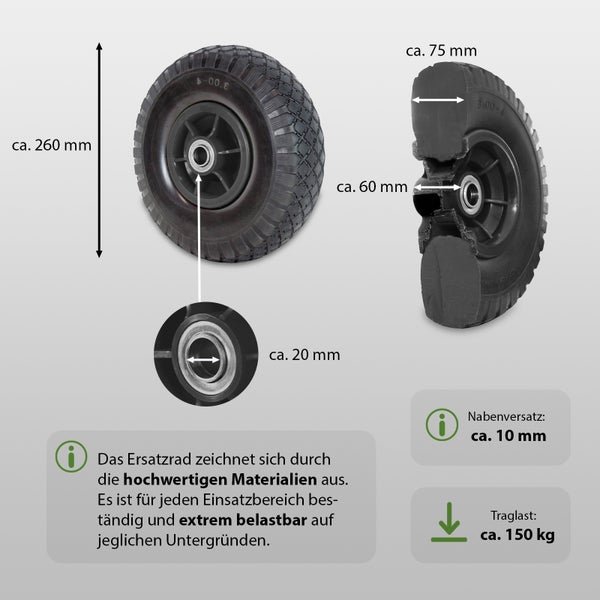 Ersatzrad mit Vollgummireifen für Sackkarren, Durchmesser circa 260 Millimeter, Achsbohrung 20 Millimeter, Traglast 150 Kilogramm.