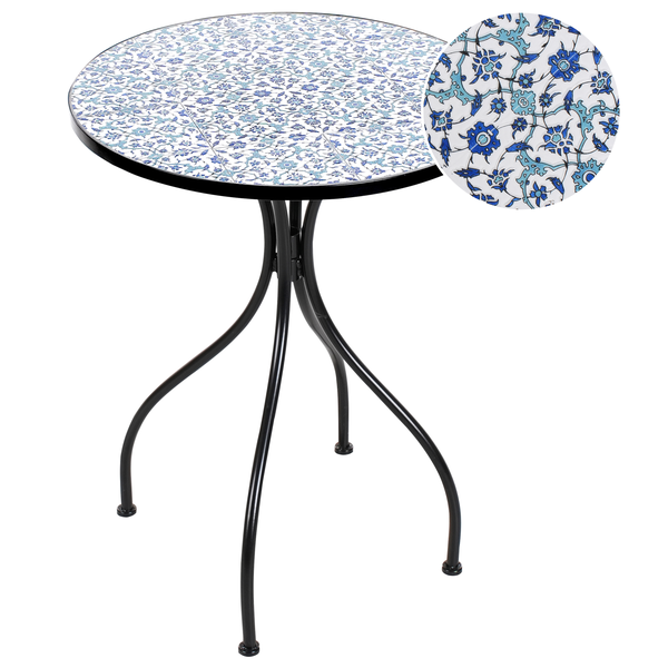 Gartentisch mit Mosaikmuster auf der Tischplatte und schwarzem Metallgestell