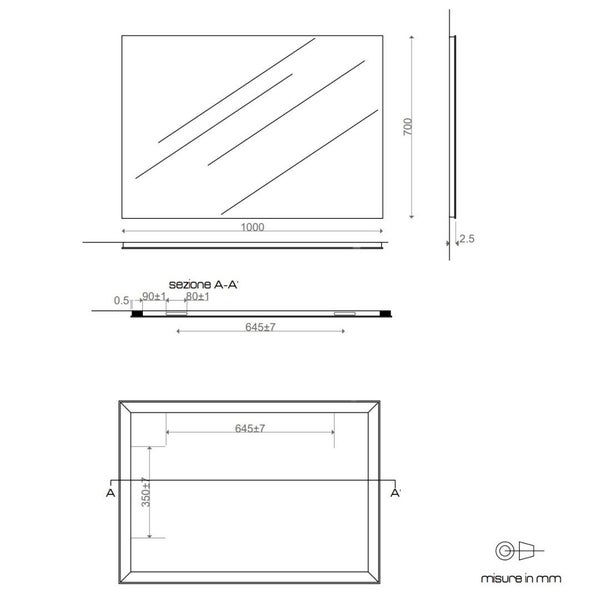 Technische Zeichnung eines rechteckigen Spiegels, Maße 1000 mal 700 Millimeter, Seitenansicht und Rückansicht mit Montagepunkten.