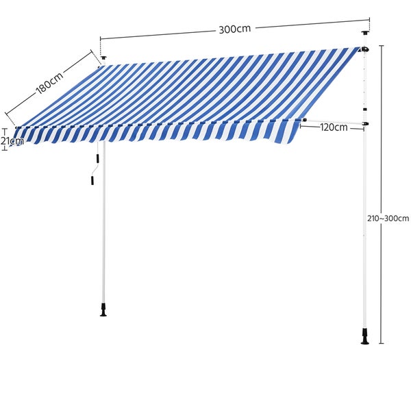 Illustration einer Markise mit Streifenmuster und Maßangaben.