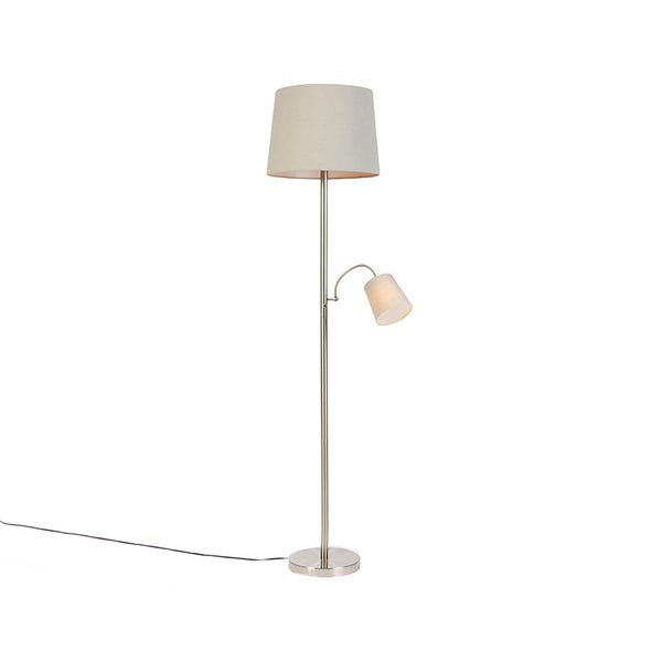 QAZQA - Klassisch I Antik Klassische Stehleuchte I Stehlampe I Standleuchte I Lampe I Leuchte Stahl I Silber I nickel matt mit grauem Lampenschirm und Leselicht - Retro I Wohnzimmer I Schlafzimmer - S