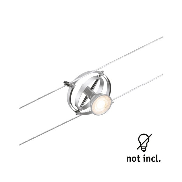 Seilsystemstrahler aus Metall mit runder Halterung an zwei Seilen, Leuchtmittel nicht enthalten.