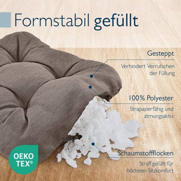 Detailansicht eines formstabilen Sitzkissens mit gesteppter Oberfläche, Polyesterfüllung und Öko-Tex Siegel