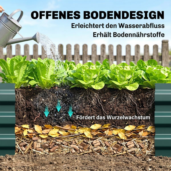 Dunkelgrünes Hochbeet aus Metall im Garten mit den Maßen 241 mal 90,5 mal 30 Zentimeter, eine Frau pflanzt Setzlinge in die Erde.