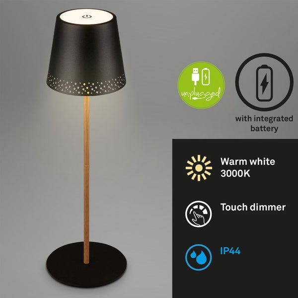 LED Akku-Tischleuchte Tischlampe verstellbar IP44 schwarz-holz RGB innen außen