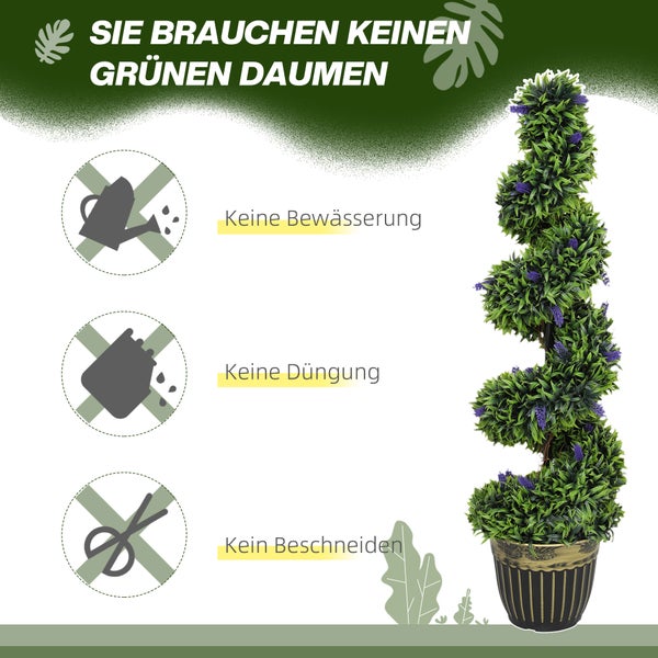 Künstliche Buchsbaumspirale mit Lavendel im Topf, wartungsfrei ohne Gießen, Düngen oder Schneiden.