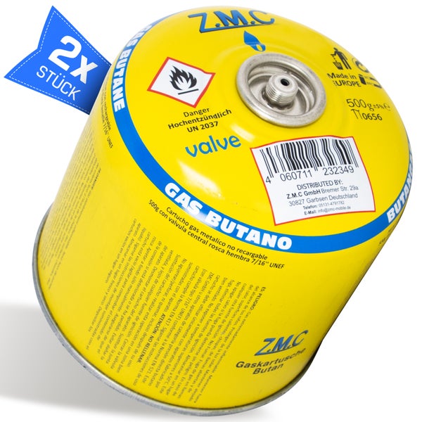 Z.M.C 2X Gaskartuschen 500g / 990ml mit Propan/Butan Gas, Gaskartusche EN417, Schraubgewinde Anschluss, Schraubkartusche mit Sicherheits-Schraubgewinde Universal Druckgasdose mit Schraubventil