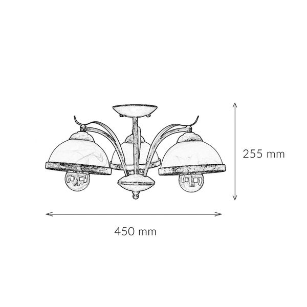 Abmessungen einer Deckenleuchte mit drei Leuchten und Lampenschirmen, 450 mm breit und 255 mm hoch.