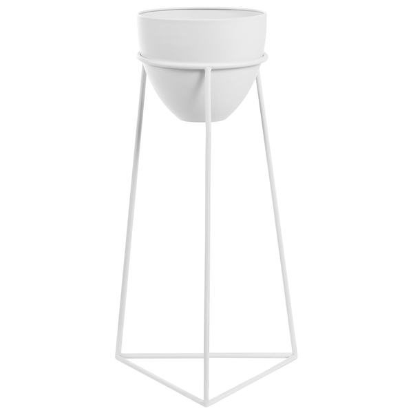 Blumentopf mit Metallgestell, stehend, minimalistisches Design für Zimmerpflanzen.