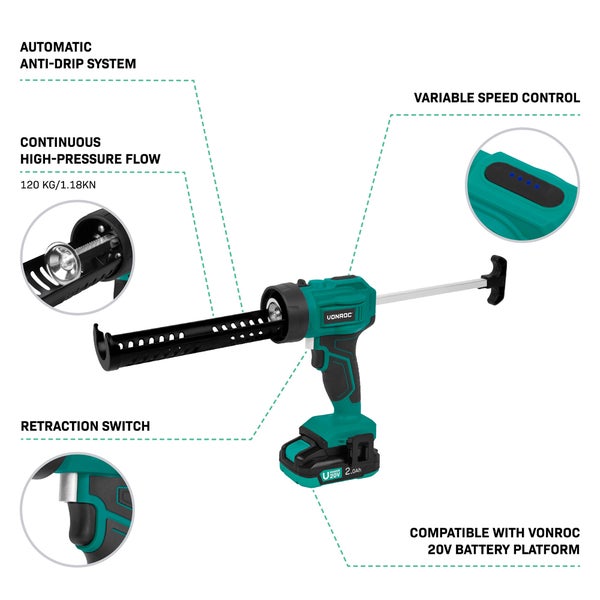 Akku-Kartuschenpresse Vonroc 20 Volt mit automatischem Antitropfsystem, variabler Geschwindigkeitsregelung und Rückzugschalter.