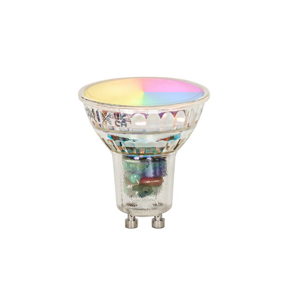 GU10 LED-Leuchtmittel mit Farbwechselfunktion und transparentem Gehäuse.