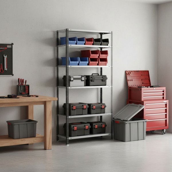 Helle, organisierte Werkstatt mit Metallregal, Sichtlagerkästen, Werkzeugkoffern, einer Holz-Werkbank und einem roten Werkstattwagen.