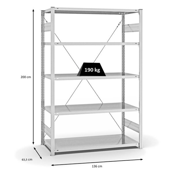PROREGAL Fachbodenregal Stecksystem T-Profil Light-Duty Grundregal HxBxT 200 x 130 x 60 cm 5 Ebenen Fachlast 190 kg Einseitig Nutzbar Lichtgrau