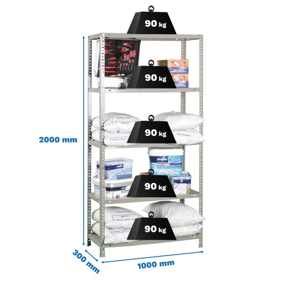 Schraubregal PANDA TALL | HxBxT 200x110x30cm | 5 Fachböden | Fachlast 90kg | Grau