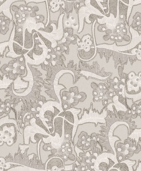 Esszimmer mit gemusterter Tapete, Esstisch, Stuhl und Pendelleuchte