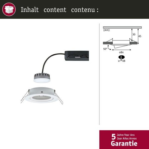 LED Einbaustrahler Set mit Gehäuse, Modul und Treiber. Technische Skizze mit Maßen in Millimeter, 50 Grad Neigungswinkel und 5 Jahre Garantie.
