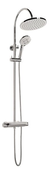 aquaSu® Duschsystem Oblivio mit Thermostat-Armatur | Handbrause: 3-strahlig | Kopfbrause: 1-strahlig | integrierte Ablage | Antikalk | rund | höhenverstellbar | Kleben oder Bohren | Chrom | 723442