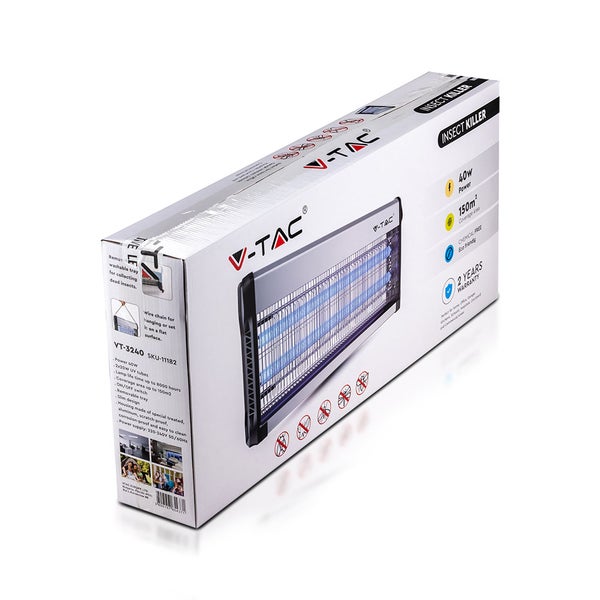 Elektrischer Insektenvernichter V-TAC VT-3240 in Originalverpackung, 40 Watt, chemikalienfrei, Reichweite bis zu 150 Quadratmeter.